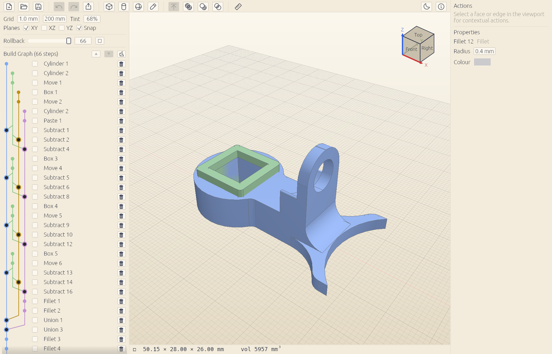 The Cadette modeler: the Build Graph on the left tracing a 66-step parametric history as colored lanes, a robot gauge bracket in the 3D viewport with its live measurements in the status bar, and the fillet properties panel on the right.